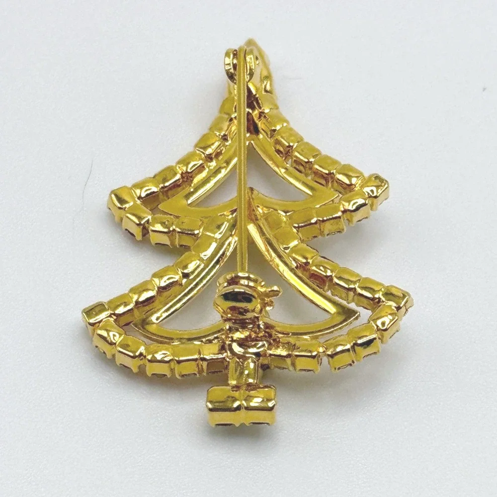 Vintage Christmas Tree Brooch Gold Tone Red Green Clear Rhinestone Holiday Pin
